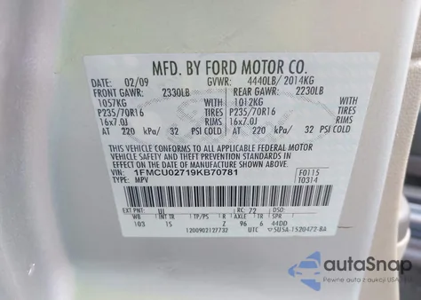 2009 Ford Escape Xls/Xls Manual из США, поврежденный, VIN 1FMCU02719KB70781